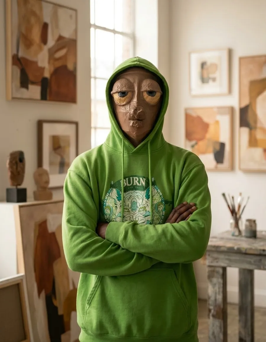 Edah wearing a handmade clay mask with large yellow eyes and a green hoodie